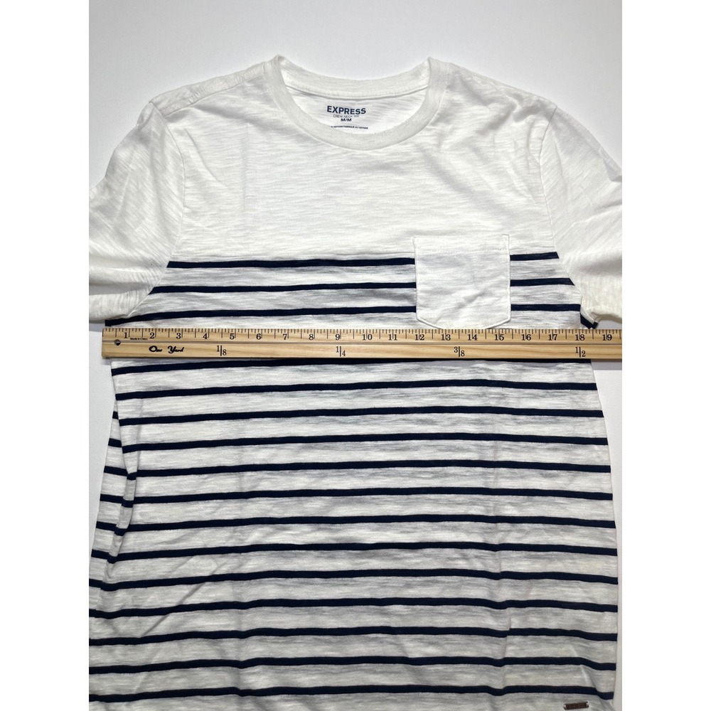 Express Mens Medium Long Sleeve Striped Pocket Crew Neck Tee White Navy Blue 320 - Picture 5 of 9